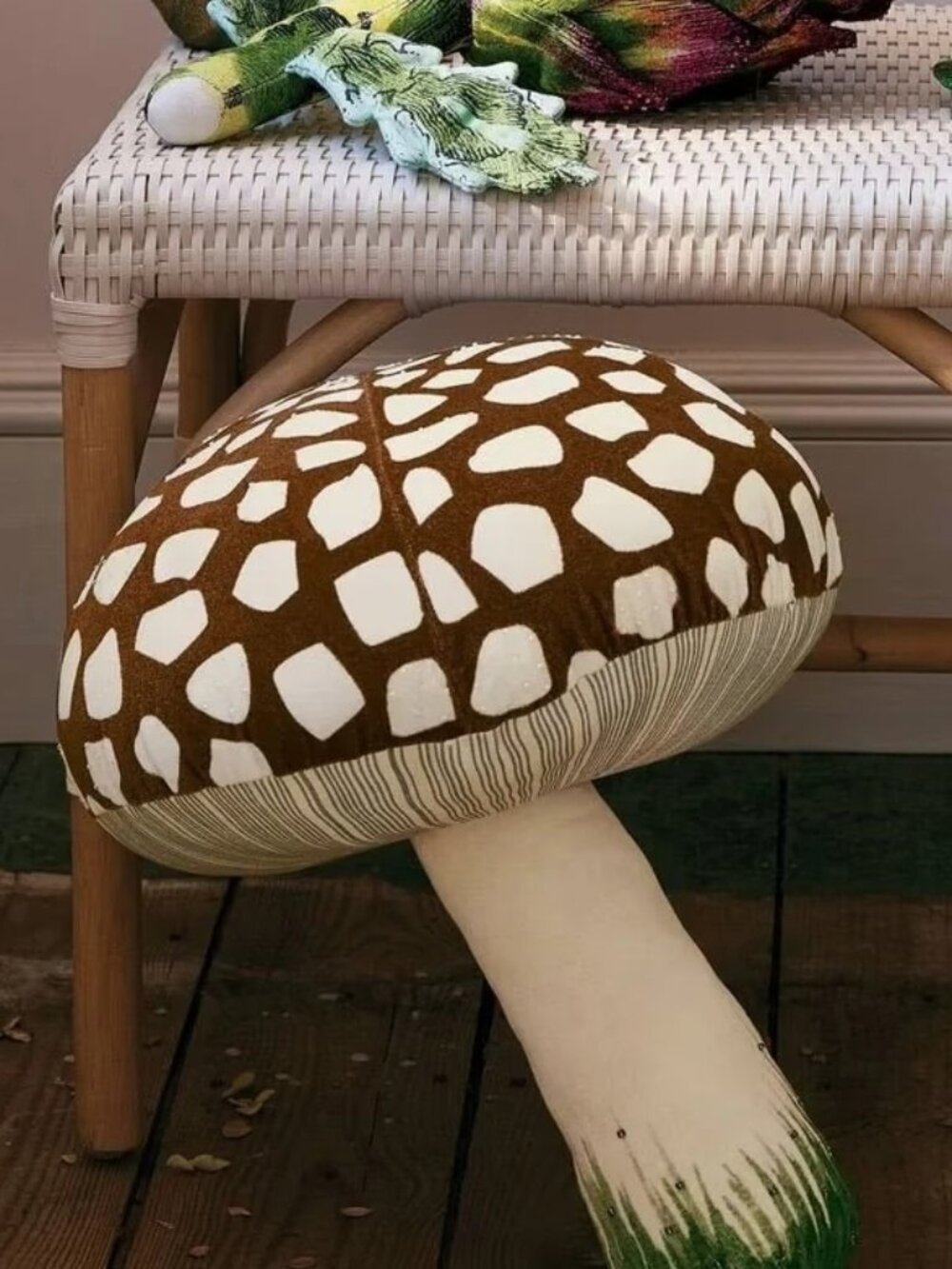 John Derian Brown Mushroom Decorative Throw Pillow NEW Beaded Velvet Farmhouse